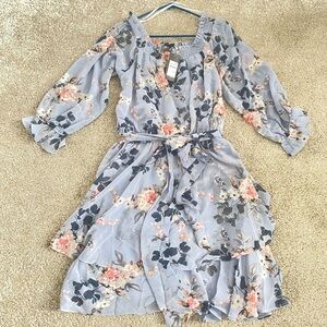 City Chic Floral Long Sleeve Dress in Blue and Pink